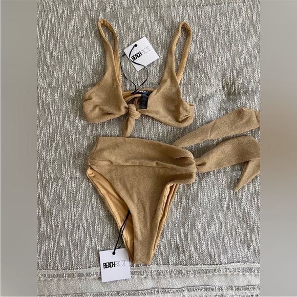 NWT Beach Riot Grace Halter Tie Bikini Top | Gold Shimmer - Picture 11 of 12